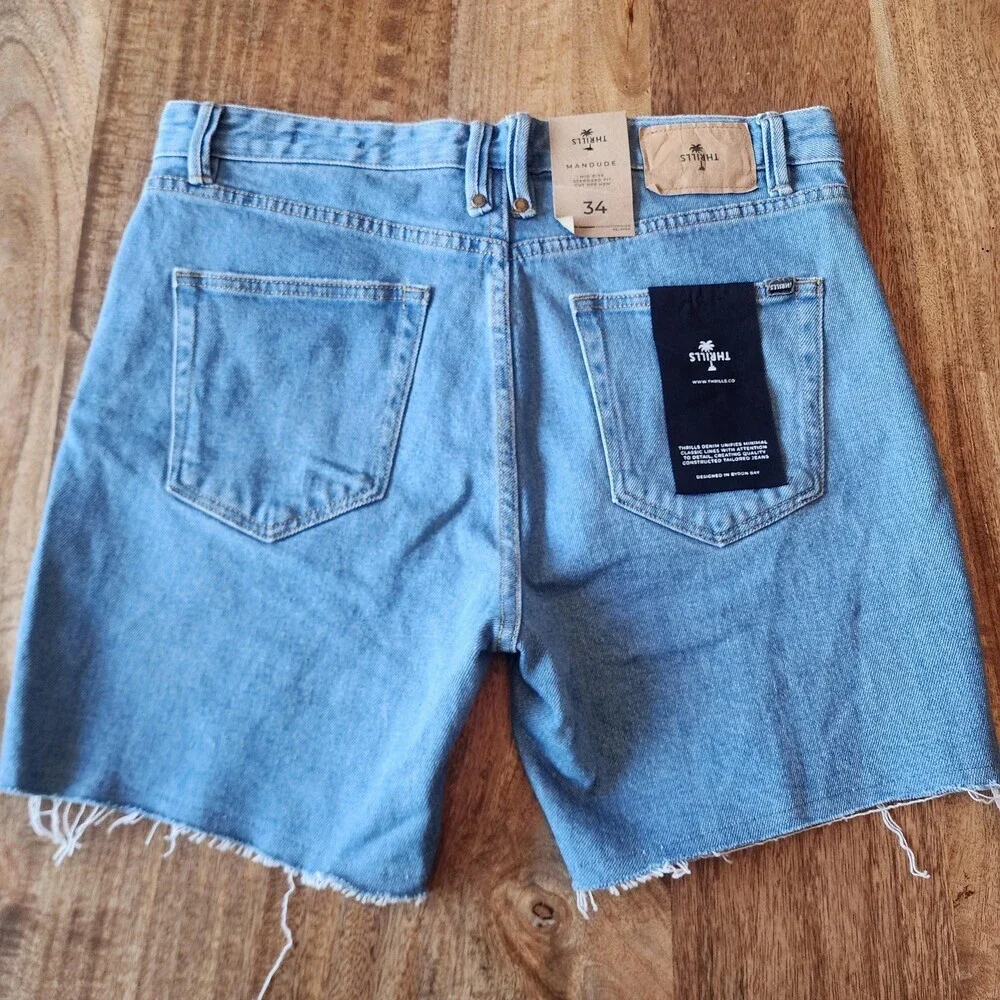 Thrills Mandude Shorts Mens 34 Blue Denim Raw Hem Organic Cotton Stretch Bermuda